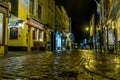 Whitby street in the rain at night.