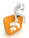 White 3d man sitting on orange RSS icon Royalty Free Stock Photo