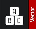 White ABC blocks icon isolated on black background. Alphabet cubes with letters A,B,C. Vector Illustration Royalty Free Stock Photo