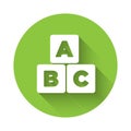 White ABC blocks icon isolated with long shadow. Alphabet cubes with letters A,B,C. Green circle button. Vector Royalty Free Stock Photo