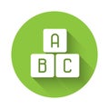 White ABC blocks icon isolated with long shadow. Alphabet cubes with letters A,B,C. Green circle button. Vector