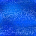 White abstract complicated crypto symbols on blue, data encryption binary code seamless pattern