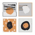 White abstract square cards, hand drawn with brush and stripes, brush blobs and smears. Grey and orange accents. Vector