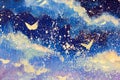 White abstractions against the background of the night blue-violet sky. Snow falls, Christmas, a fairy tale, a dream original oil Royalty Free Stock Photo