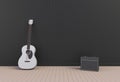 White acoustic guitar with guitar amplifier in a empty room Royalty Free Stock Photo