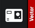 White Action extreme camera icon isolated on black background. Video camera equipment for filming extreme sports. Vector