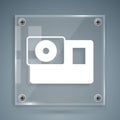 White Action extreme camera icon isolated on grey background. Video camera equipment for filming extreme sports. Square