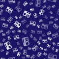 White Action extreme camera icon isolated seamless pattern on blue background. Video camera equipment for filming