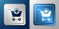 White Add to Shopping cart icon isolated on blue and grey background. Online buying concept. Delivery service sign Royalty Free Stock Photo