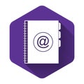 White Address book icon isolated with long shadow. Notebook, address, contact, directory, phone, telephone book icon