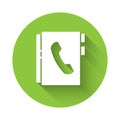 White Address book icon isolated with long shadow. Notebook, address, contact, directory, phone, telephone book icon