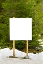 white information poster or blank advert billboard placeholder in forest. white empty Bulletin board in winter pine