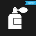 White Aftershave bottle with atomizer icon isolated on black background. Cologne spray icon. Male perfume bottle. Vector