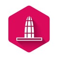 White Agbar tower icon isolated with long shadow. Barcelona, Spain. Pink hexagon button. Vector