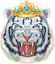 Hand drawn Tiger with golden crown. Watercolor drawing white tiger head, blue eyes