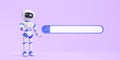 White AI robot pointing at pink empty search bar
