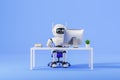 White AI robot working at office computer table