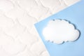 White air cloud on a comfortable mattress texture background and blue background top view. White texture of mattress bedding Royalty Free Stock Photo