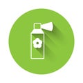 White Air freshener spray bottle icon isolated with long shadow background. Air freshener aerosol bottle. Green circle