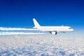 White aircraft big two engines aviation airport contrail clouds. Royalty Free Stock Photo