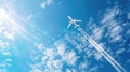 A white airplane is flying through a blue sky with clouds Royalty Free Stock Photo