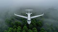 A white airplane is flying through a forest with foggy weather Royalty Free Stock Photo