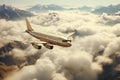 White airplane is flying over mountains and low clouds at sunset in summer. Landscape with beautiful passenger airplane Royalty Free Stock Photo