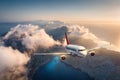 White airplane is flying over mountains and low clouds Royalty Free Stock Photo