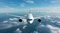 A white airplane flying in the sky, plane is seen from front view, plane has two engines on each side