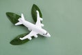 White airplane on green background. Sustainable Aviation Fuel, clean green energy concept. Royalty Free Stock Photo