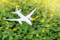 White airplane model on flower fresh green leaves background. Clean green energy, biofuel for aviation industry. Royalty Free Stock Photo