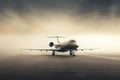 A white airplane is on the runway in the mist. Commercial plane is landing. Generative AI Royalty Free Stock Photo