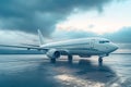 A white airplane is sitting on the ground in front of a cloudy sky. Generative AI Royalty Free Stock Photo
