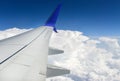 White airplane wing against the background of clouds in the sky Royalty Free Stock Photo