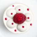 White airy cake with raspberry layer and raspberry berry lies on a white round plate next to a white cup, which stands on a white Royalty Free Stock Photo