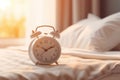 white alarm clock on bedside table in bedroom, woman sleeping on bed in background. AI Generated Royalty Free Stock Photo