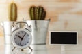 White alarm clock with cactus in pot on wooden desk. Minimal time concept Royalty Free Stock Photo