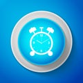 White Alarm clock icon isolated on blue background. Wake up, get up concept. Time sign. Circle blue button with white