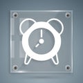 White Alarm clock icon isolated on grey background. Wake up, get up concept. Time sign. Square glass panels. Vector Royalty Free Stock Photo