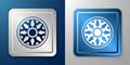 White Alloy wheel for car icon isolated on blue and grey background. Silver and blue square button. Vector Royalty Free Stock Photo