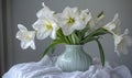 Elegant White Amaryllis Bouquet in a Striped Vase Royalty Free Stock Photo