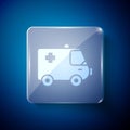 White Ambulance and emergency car icon isolated on blue background. Ambulance vehicle medical evacuation. Square glass