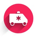 White Ambulance and emergency car icon isolated with long shadow. Ambulance vehicle medical evacuation. Red circle