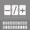 White analog countdown font. Vector illustration template. Floating flip number and symbol scoreboard with reflection