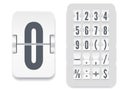 White analog countdown number font. Flip number and symbol scoreboard with shadows. Vector illustration template.