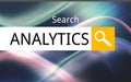 White analytics bar is floating over vibrant wave background with yellow search icon in flat design Royalty Free Stock Photo