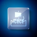White Ancient Greek trireme icon isolated on blue background. Square glass panels. Vector