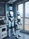 A white android in the interior of a spaceship. Generative by AI