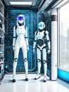 A white android in the interior of a spaceship. Generative by AI