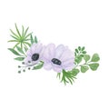 White anemone flower green leaves decorative floral arrangement hand drawn vintage style watercolor illustration perfect for Royalty Free Stock Photo